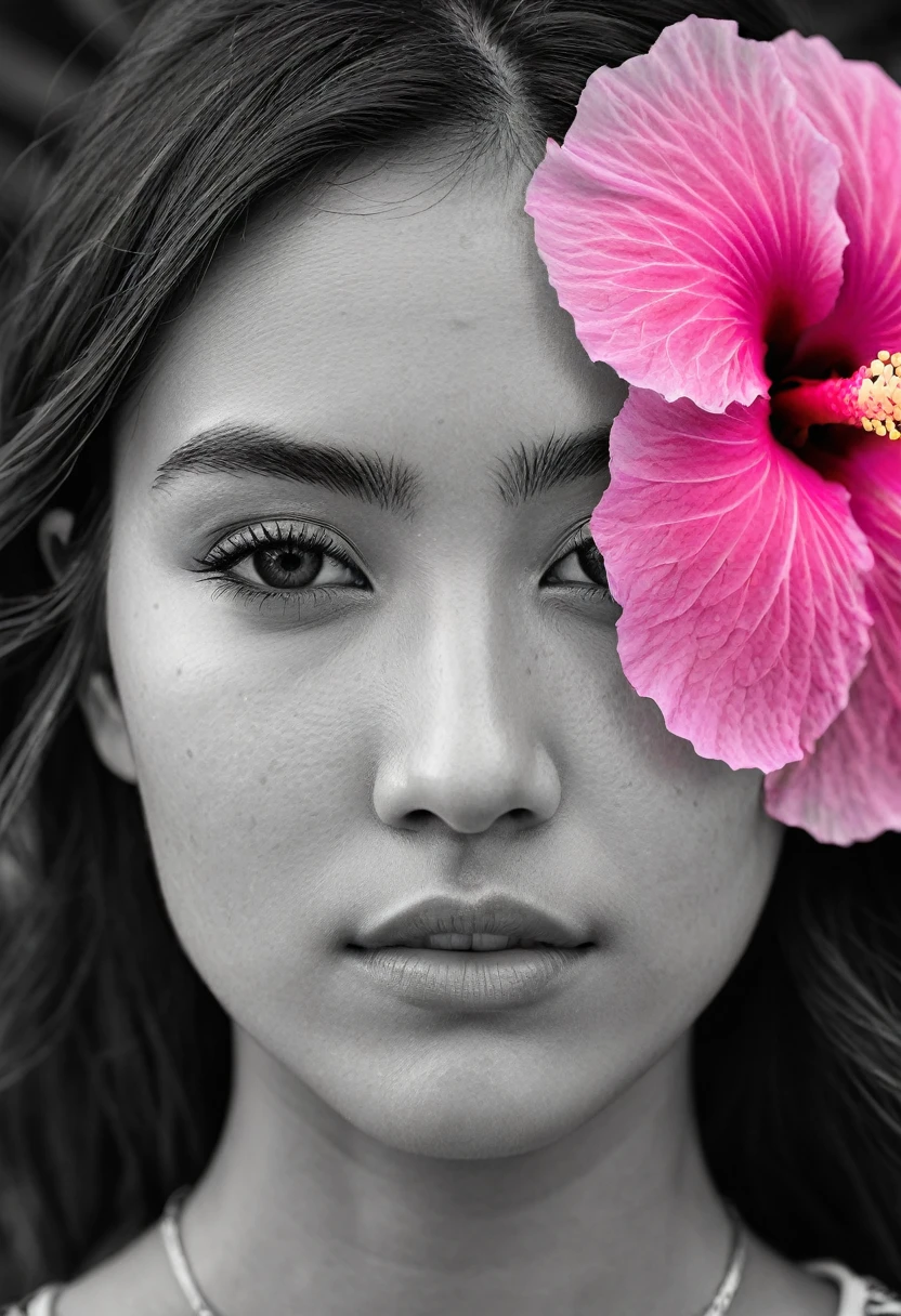 A black and white photo in raw format, zooming in on the intricate details of a young woman's face, shot with a solitary striking Pink Hibiscus, adding a touch of softness and femininity to the composition, enhancing the dramatic contrast and textures of the monochrome image.