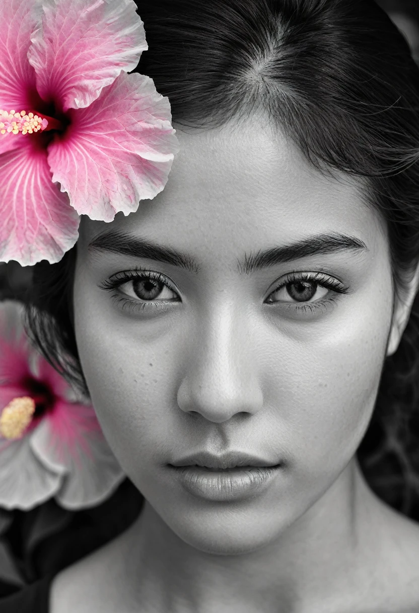 A black and white photo in raw format, zooming in on the intricate details of a young woman's face, shot with a solitary striking Pink Hibiscus, adding a touch of softness and femininity to the composition, enhancing the dramatic contrast and textures of the monochrome image.