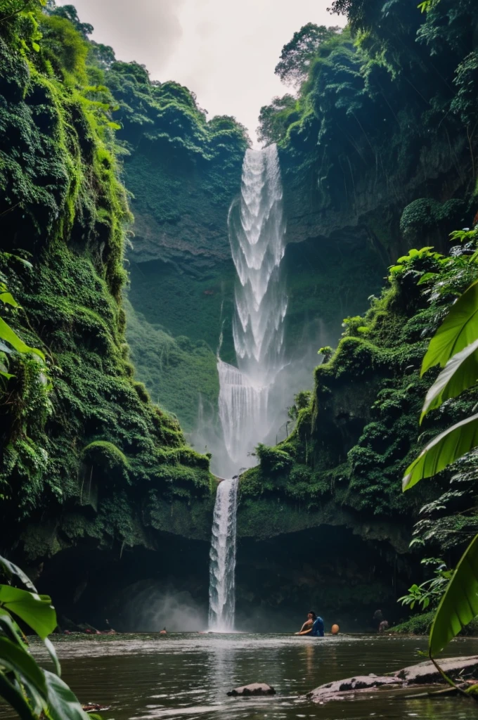 Make a video of waterfall in the middle of jungle . It's raining and sun is about to set. And a teenager looking this