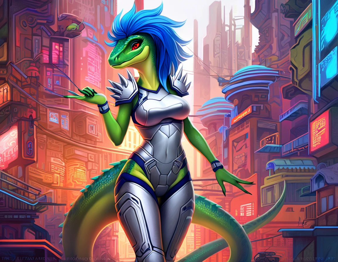 ultra quality, vivid colors, anthropomorphic Velociraptop, female, she has a very beautiful velociraptor face, she has long spiky blue hair, she is tall and slim with a defined body, she have a medium size breasts, she has wide hips, she has very detailed green scaly skin, she has detailed hands and fingers, she has a detailed Velociraptor tail, she has detailed red eyes, she is wearing silver-colored sleeveless cybernetic armor, she is wearing 2 silver-colored metallic shoulder pads, she is wearing silver-colored cybernetic boots, in the background you can see a futuristic city, 2d style art.
