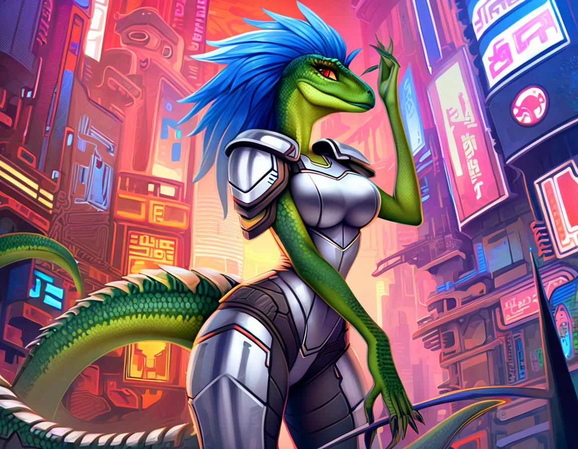 ultra quality, vivid colors, anthropomorphic Velociraptop, female, she has a very beautiful velociraptor face, she has long spiky blue hair, she is tall and slim with a defined body, she have a medium size breasts, she has wide hips, she has very detailed green scaly skin, she has detailed hands and fingers, she has a detailed Velociraptor tail, she has detailed red eyes, she is wearing silver-colored sleeveless cybernetic armor, she is wearing 2 silver-colored metallic shoulder pads, she is wearing silver-colored cybernetic boots, in the background you can see a futuristic city, 2d style art.
