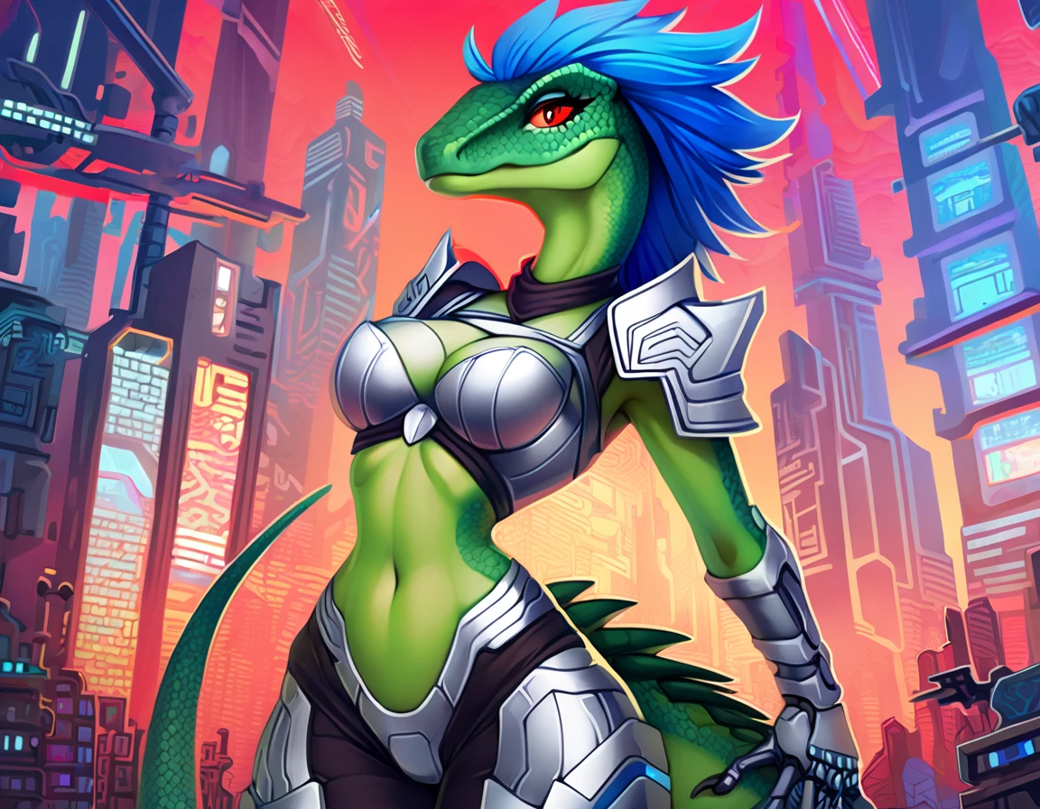 ultra quality, vivid colors, anthropomorphic Velociraptop, female, she has a very beautiful velociraptor face, she has long spiky blue hair, she is tall and slim with a defined body, she have a medium size breasts, she has wide hips, she has very detailed green scaly skin, she has detailed hands and fingers, she has a detailed Velociraptor tail, she has detailed red eyes, she is wearing silver-colored sleeveless cybernetic armor, she is wearing 2 silver-colored metallic shoulder pads, she is wearing silver-colored cybernetic boots, in the background you can see a futuristic city, 2d style art.
