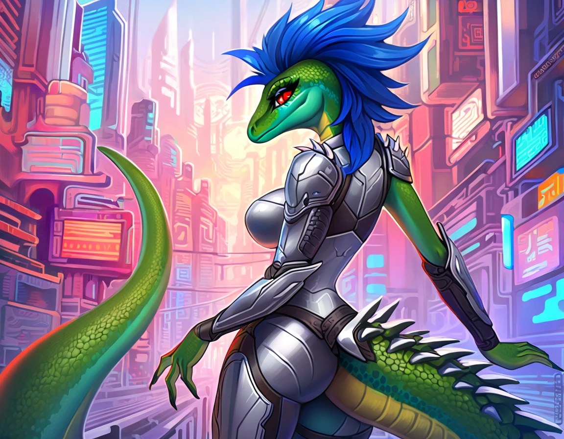 ultra quality, vivid colors, anthropomorphic Velociraptop, female, she has a very beautiful velociraptor face, she has long spiky blue hair, she is tall and slim with a defined body, she have a medium size breasts, she has wide hips, she has very detailed green scaly skin, she has detailed hands and fingers, she has a detailed Velociraptor tail, she has detailed red eyes, she is wearing silver-colored sleeveless cybernetic armor, she is wearing 2 silver-colored metallic shoulder pads, she is wearing silver-colored cybernetic boots, in the background you can see a futuristic city, 2d style art.
