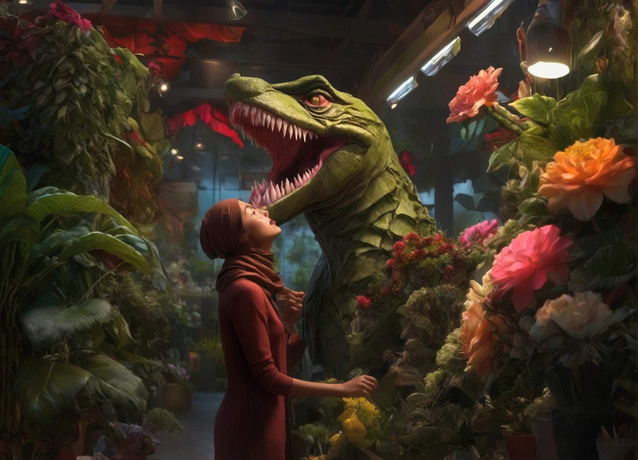 A giant man-eating plant, Audrey2, a sexy young Malaysian woman in a hijab looking into Audrey2's mouth, a flower shop interior, high quality, 8K, photorealistic, dramatic lighting, moody atmosphere, vibrant colors, lush foliage, intricate details, masterpiece
