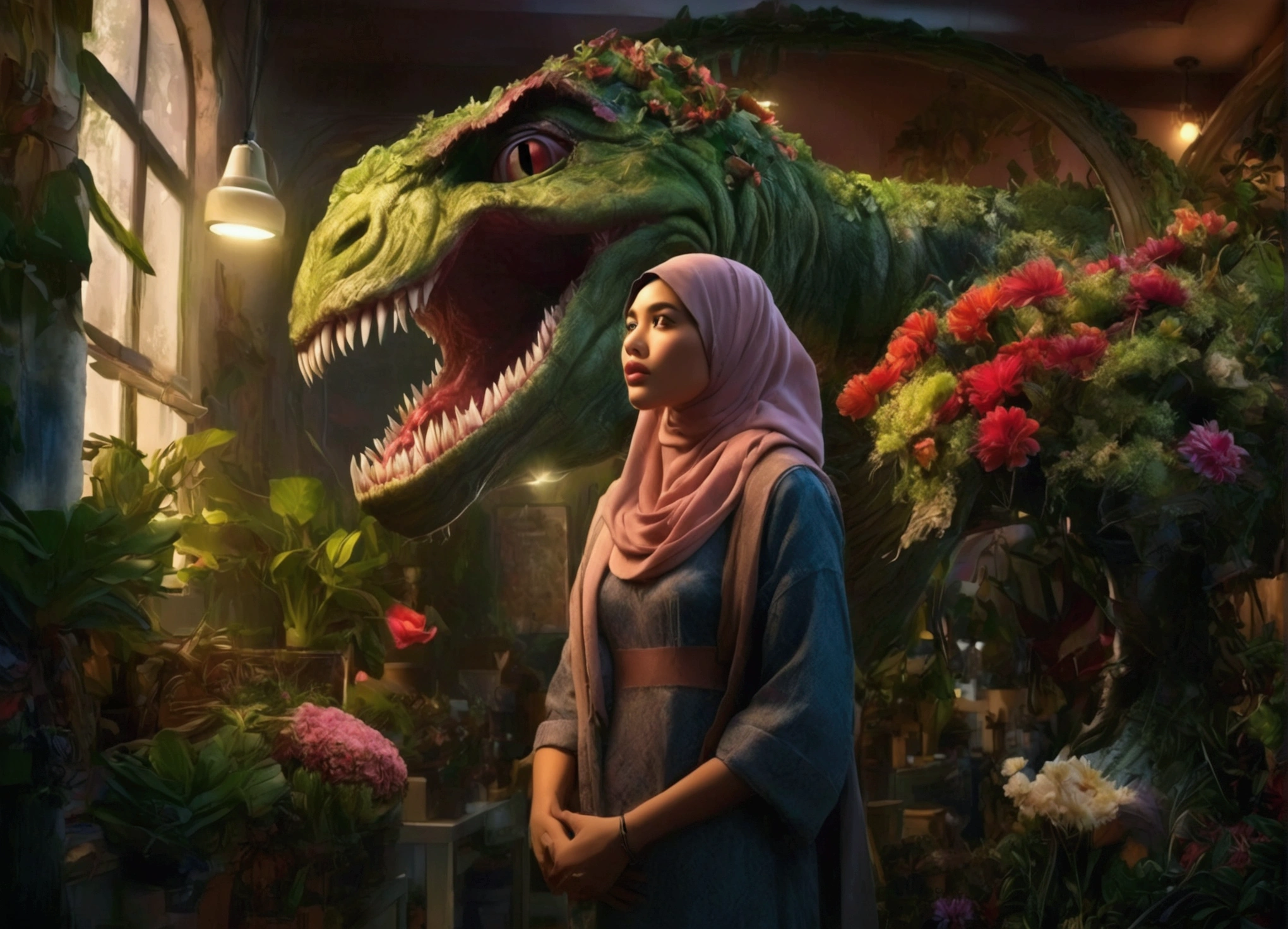 A giant man-eating plant, Audrey2, a sexy young Malaysian woman in a hijab looking into Audrey2's mouth, a flower shop interior, high quality, 8K, photorealistic, dramatic lighting, moody atmosphere, vibrant colors, lush foliage, intricate details, masterpiece
