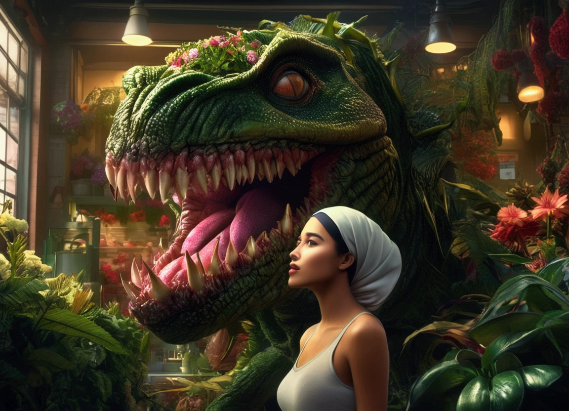 A giant man-eating plant, Audrey2, a sexy young Malaysian woman in a hijab looking into Audrey2's mouth, a flower shop interior, high quality, 8K, photorealistic, dramatic lighting, moody atmosphere, vibrant colors, lush foliage, intricate details, masterpiece