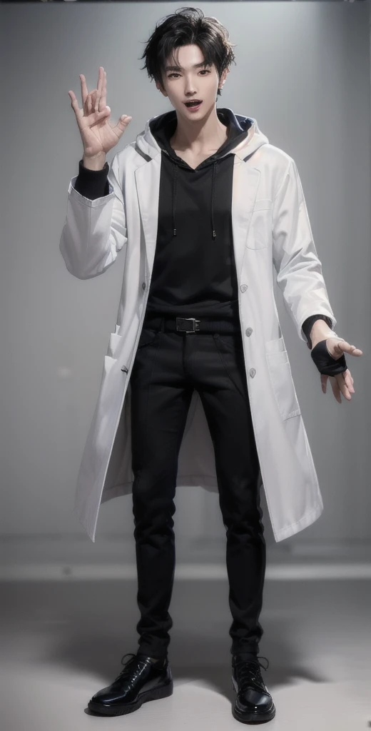 (OK Sign.:1.7),(photorealistic:1.2), (high detail face:1.3), (high detail hands:1.3), (anatomically correct hands:1.2), handsome young asian man, Japanese idol style, short clean-cut hair, ((center part)), (crisp white lab coat:1.3), ((black hoodie underneath:1.2)), (black pants:1.2), (black shoes:1.2), (enthusiastic expression:1.3), ((explain pose:1.4)), (both arms raised:1.3), (clenched fists:1.3), (energetic stance:1.2), plain white background, mid-shot portrait, full body view, high quality, detailed, 8K, (realistic skin texture:1.2), (sharp focus:1.1), (contrast between white coat and black clothing:1.2)