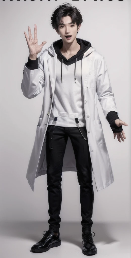 (OK Sign.:1.7),(photorealistic:1.2), (high detail face:1.3), (high detail hands:1.3), (anatomically correct hands:1.2), handsome young asian man, Japanese idol style, short clean-cut hair, ((center part)), (crisp white lab coat:1.3), ((black hoodie underneath:1.2)), (black pants:1.2), (black shoes:1.2), (enthusiastic expression:1.3), ((explain pose:1.4)), (both arms raised:1.3), (clenched fists:1.3), (energetic stance:1.2), plain white background, mid-shot portrait, full body view, high quality, detailed, 8K, (realistic skin texture:1.2), (sharp focus:1.1), (contrast between white coat and black clothing:1.2)