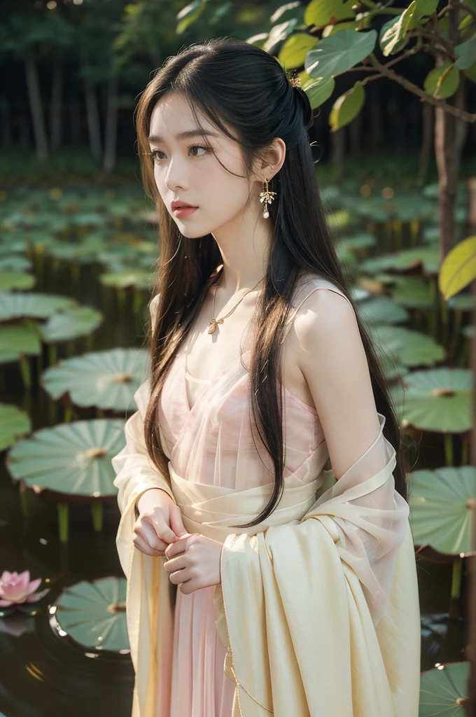 (((best quality))),(((ultra detailed))),(((masterpiece))),illustration,((1 beautiful young girl,solo)),((slim,thin)),(shoulder length straight hair:1.2),((earrings,necklace)),((small breasts,flat chest)),(see through traditional pink sheer Hanfu dress:1.3),(beside the lotus pond full of lotus flowers:1.3), serene moonlight, ethereal,floral pattern, water movement, billowing fabric, tranquil, moon reflection, petals, fireflies, magical, light,warm light, dreams, invitation, standing, gazing, reflection, inner thoughts, emotional, sweet scent, natural beauty, solitude, hypnotic lull, eternal summer night, natural world, human spirit, celebration, backdrop, water, glow,((from front,upper body))