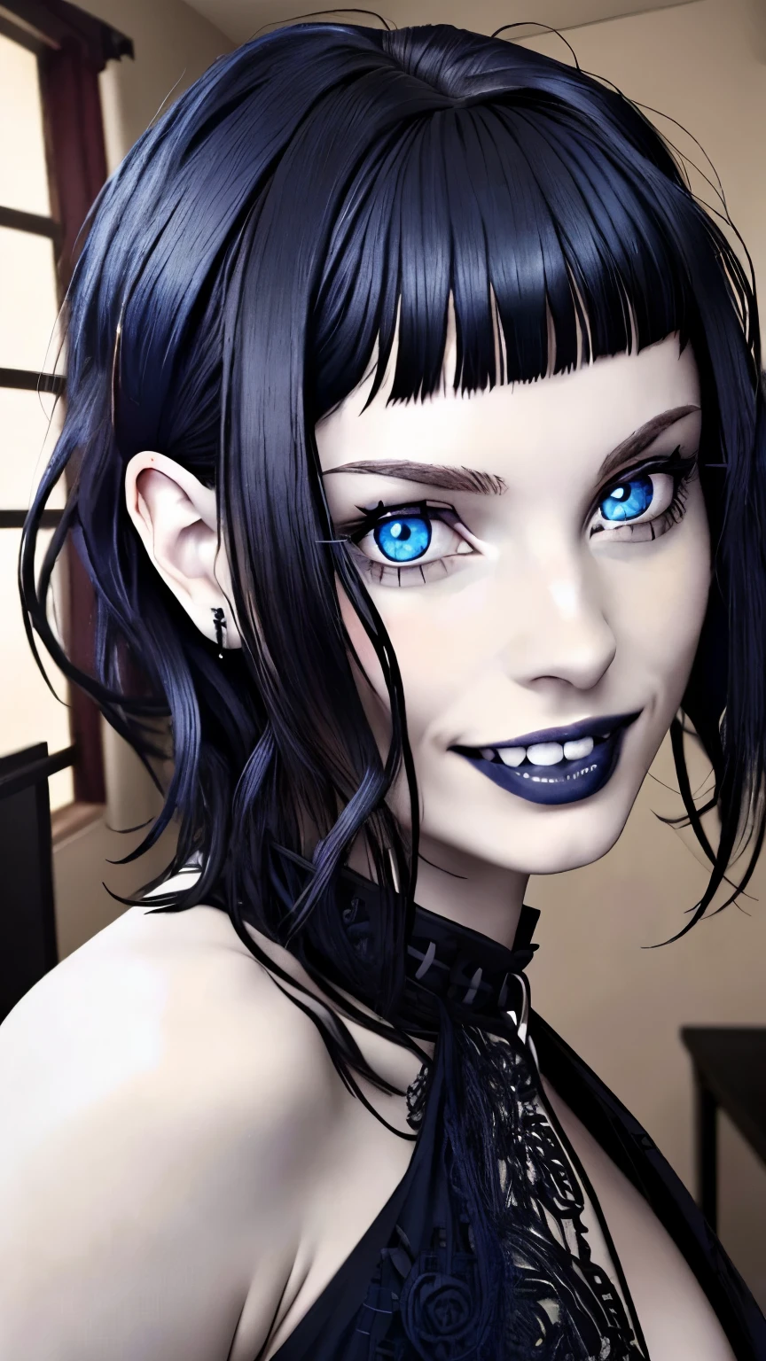 (masterpiece), (extremely intricate:1.3), (realistic), 1girl, solo, goth, pale skin, black hair, microbangs, short hair, nessy hair, bedhead, detailed blue eyes, portrait, looking at viewer, indoors, grin, teeth, happy
