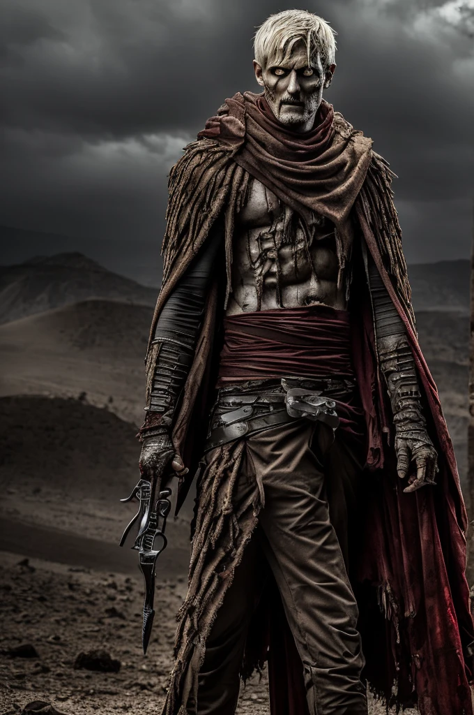 (best quality, masterpiece), ghoul, shirtless, pants, brown cloak, blade arms, red eyes, vicious, ragged, dyslexic, zombie, desert background