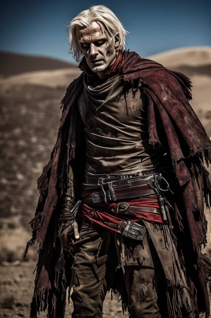 (best quality, masterpiece), ghoul, shirtless, pants, brown cloak, blade arms, red eyes, vicious, ragged, dyslexic, zombie, desert background