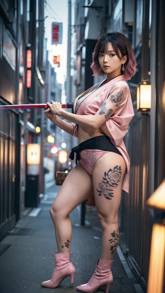 Beautiful Chinese woman, (), cute face, red lips, white moisturized skin, moles, (under-eye bags),
BREAK,
Feminine body with high athletic ability, Body of a female fitness model, Feminine body with hard tones, (Muscles: 1.2), (Beautiful belly button),
BREAK,
Fighter, Kung Fu fighter, Idol, (Yakuza), (Yakuza),
BREAK,
(Wearing a cute dark pink kimono: 1.3), (Kimono with high exposure), (Stiletto heels, long boots 1.3), necklace, very large earrings, short length,
BREAK,
Short hair, (Short bob hair), (Bangs: 1.2), (Pink hair: 1.3), (Wavy hair),
BREAK,
(Very large Japanese sword: 1.4), (Holding the handle of a Japanese sword: 1.3), (Fighting: 1.2), (Getting into a fighting stance), (Beautiful blade of a Japanese sword: 1.2)
BREAK,
(Japanese tattoo: 1.4),
BREAK,
Masterpiece, Perfect lighting, Ultra high resolution, 8K, (Very detailed: 1.4), (From the front), Looking at the camera, Melancholic expression,
BREAK,
(Tokyo city, lots of people in the background: 1.2), City background in Shibuya, Tokyo, Japan,