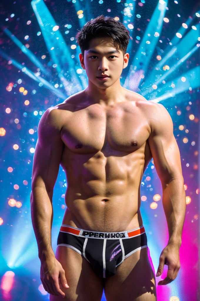 (8k, RAW Photos, Highest quality) masterpiece, 1 teenager, 18-year-old, Asian Muscular Man Watching the Viewer, Stand in front, Exposing his huge muscular chest, Puffy nipples, Sexy Six Pack, Tight waist, good looking, topless, A man wearing thong underwear ,  Gradient Background, Shine & Sequin Backdrops , Cinema Lighting, Ultra-high resolution , KPOP idol