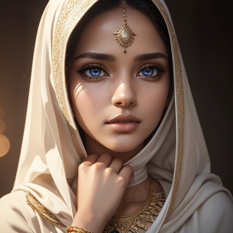 A beautiful hijabi teen wearing a tight white cloak, golden Indian bangle, bracelet, necklace, and a Swiss polo golden watchband, kissing a man with closed, detailed, and horny facial expression, (best quality,4k,8k,highres,masterpiece:1.2),ultra-detailed,(realistic,photorealistic,photo-realistic:1.37),1girl,face close-up,beautiful detailed eyes,beautiful detailed lips,extremely detailed eyes and face,longeyelashes,portrait,cinematic lighting,warm color tones,chiaroscuro,dramatic lighting