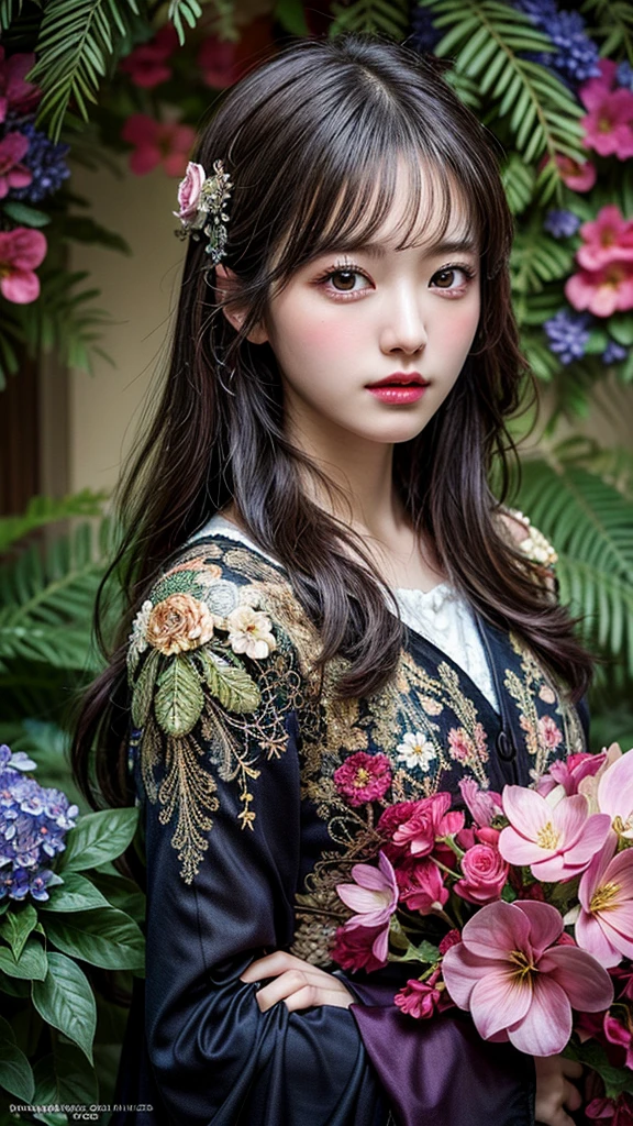 (masterpiece, highest quality, highest quality, Official Art, beautifully、aesthetic:1.2), (1 girl), Very detailed,(Fractal Art:1.3),colorful,Most detailed, Background with fractals and various floral and greenery details