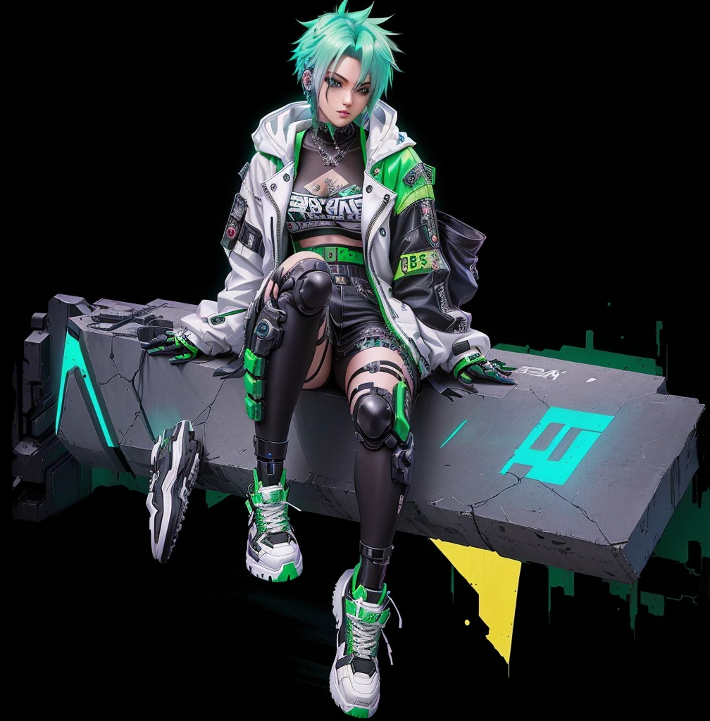 Sitting on a bench,Anime character with green hair, Cyberpunk Street Thugs, Official Character Art, Cyberpunk buddy, Cyberpunk Streetwear, Digital Cyberpunk Anime Art, Cyberpunk style, Cyberpunk Characters, ( ( Character Concept Art ) ), In Cyberpunk 2077, cyber universe style, Digital cyberpunk - anime art, Anime Cyberpunk Art, Fashion cyberpunk robot