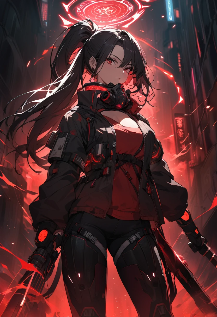 A woman,matured, perfect anatomy, cyberpunk gas mask,long pony tail hair(black hair),red aura,red magic circle,long samurai sword, cinematic lighting, cinematic angle,
