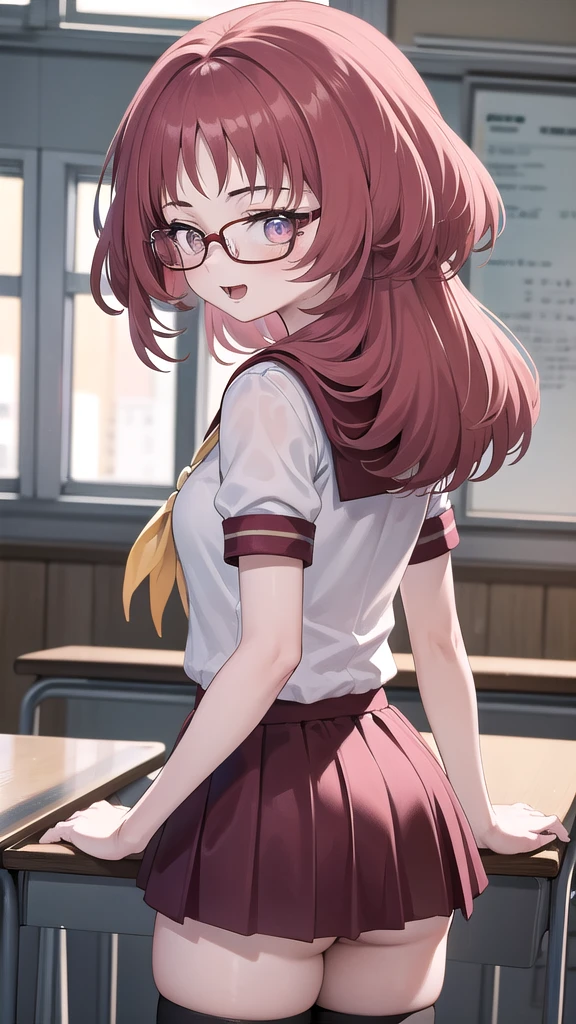 Masterpiece, perfect lighting, (beautiful, Best quality: 1.3), Perfect eyes, absurd, 8k, 1 girl, alone, (absurds), finely detailed, very large, Violet eyes, red hair, red glasses, small breasts, smiling , open mouth, in love, looking at viewer, from behind, glasses, wide, black stockings, Serapuku, sailor collar, yellow scarf, white shirt, red dress, red hair, classroom