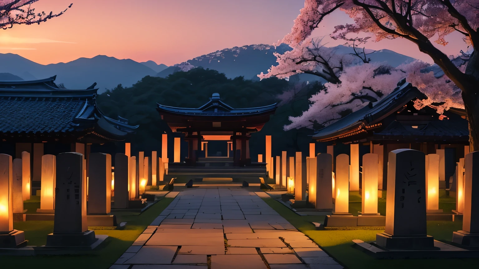 A serene Japanese cemetery at sunset, with cherry blossoms floating in the air. Spiritual light emanates from the gravestones. Photorealistic, warm colors, soft lighting, depth of field."