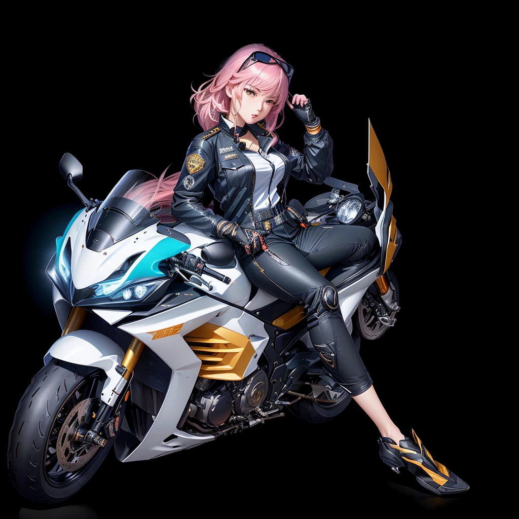 anime girl sitting on a motorcycle with a uniform on, Kushat Krenz Key Art Women, Headquarters Artwork, motorcycle concept art, official方角色艺术, April Rendering, , motorcycle, Anime Art Vehicle Concept Art, official方人物插画, motorcycle, Bad guy anime 8k, Akira Hon, Kushat Kents, official, 2 d cg, author:Yang J