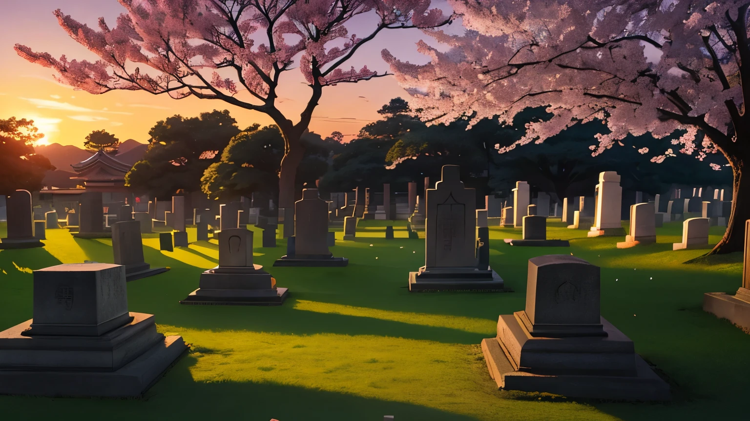 A serene Japanese cemetery at sunset, with cherry blossoms floating in the air. Spiritual light emanates from the gravestones. Photorealistic, warm colors, soft lighting, depth of field."