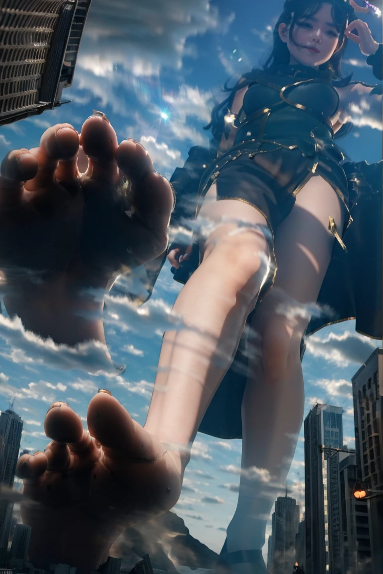 （Giantess Elements、High resolution、High resolution、high quality、Accurate body structure、Detailed body） Towering giant blondes girl，50,000 feet high、Looking up at the approaching woman from below、Giants attack the city、cute、blondes、Destroy a small townWomen、Destroy a small town、Mischievous look、(Maid outfit)Japanese、White skin、Giant blondes female、smile、Trampling buildings、rubble、Burning Small Town、Destroyed small building、Collapsed highway、Cars are crushed、Evacuating residents、sunset、Burning Small Town、go ahead、walk、Trampling、Anatomically correct、Accurate human body、Accurate skeleton、Full body portrait、blue eyes、Rubble scattered at my feet、Higher than skyscrapers、Big impact、amazing、Giantess Elements、Draw a woman in a big way、Increase the destructive element、Make the city smaller Black long gloves、Crushed car、abandon、Car being held、Knee-high boots、Knee-high bootsを履いた女