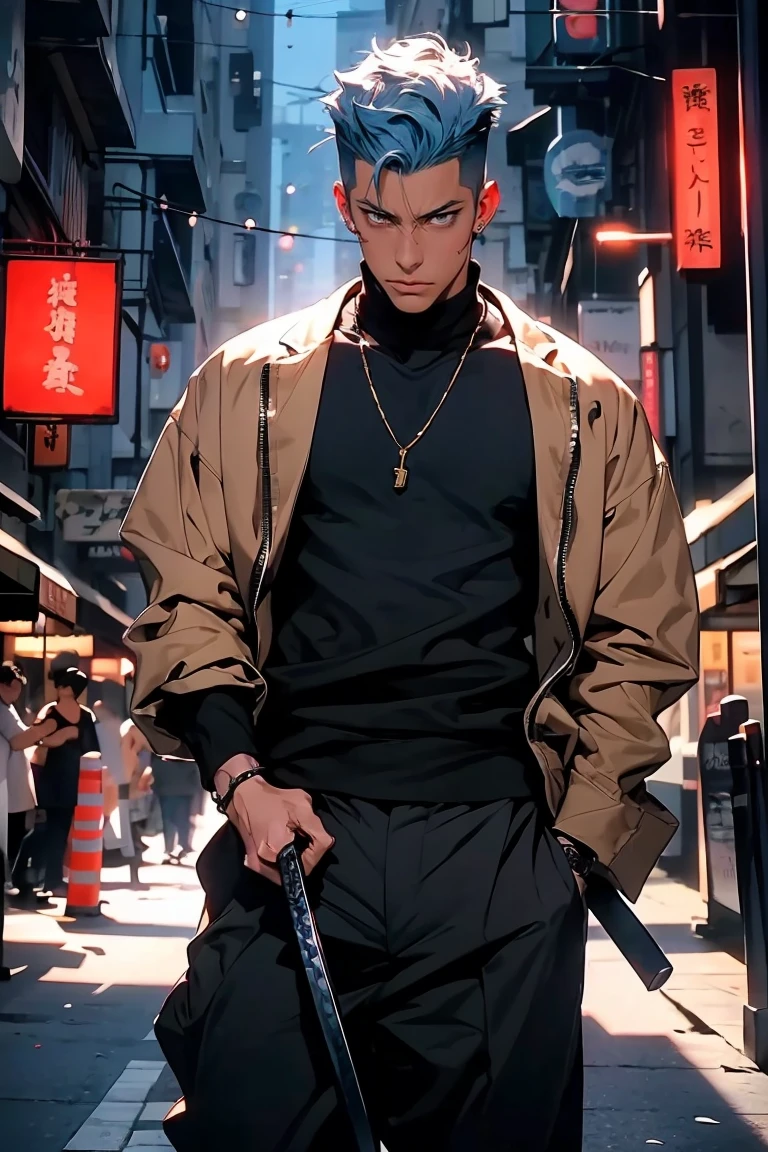 highest quality, 8K, high resolution image, anime style Jujutsu Kaisen, detailed strokes, slightly tanned skin, blurry, smile, purple light reflecting from it, (full body view), 1 man, young, male, model, cool guy, muscular, blue Eyes, light blue hair very short hair, brown hair, short hair, hairstyle: undercut, hair slicked back, swollen chest, he is wearing a jacket Naked torso, and sweatpants, holding a katana in his hand, swordsman pose, gold link chain, background: city, Tokyo, business district, he is a swordsman, stands in a swordsman pose, katana in hand ready to fight