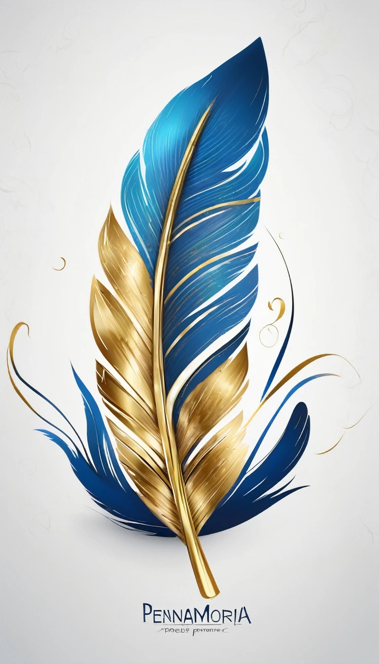 Create a cinematic, abstract symbol for a storytelling production brand based on stories and dreams called " Penamemoria". The logo should convey a fantasy theme and include the the creativity between a and a feather. Fantastic, memorable, poetic, dreamy, unique, poetic white-blue-golden feather as logo design for the brand " Penamemoria".