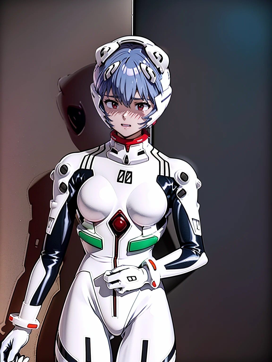 ((Highest quality, 8k wallpaper)),(masterpiece, Highest quality),Very detailed,High resolution,(Official Art:1.3),(((Anime screenshots,Black outline))),One girl,alone, Break mer1,(Rei Ayanami {neon genesis evangelion,}1.2),masterpiece, best quality, outdoor, 1girl, Solo,red eyes,short hair,blue hair, (White plug suit, skintight:1.4), (full blush, ahegao,embarrassed/worried:1.2) , (((Full face helmet with no exposed face and head hair:1.2))),(Eva Helm:1.4),