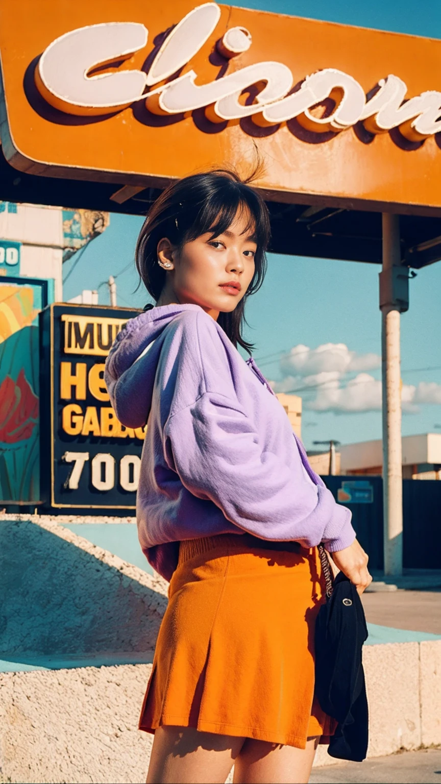 (medium cinematic shot portrait), of cute 23 yo girl (perfect plump body) ,wear ((orange color oversized_hoodie)), wear ((purple tennis skirt)),looking front,Best Quality,Masterpiece,Ultra High Resolution,(Realisticity:1.4),Original Photo, 1Girl, light leak,ultra high resolution,UHD,beautiful, (black bob hair), almond eye, no makeup, looking at camera,in front of ((80's colorful gas station)), (realistic:1.2), (surreal:1.3), (very detailed:1.1), ((masterpiece)),summer, blue sky, palm trees,sunny, los angles vibes,film camera, 800mm lens,style of Philip Lorca diCorcia