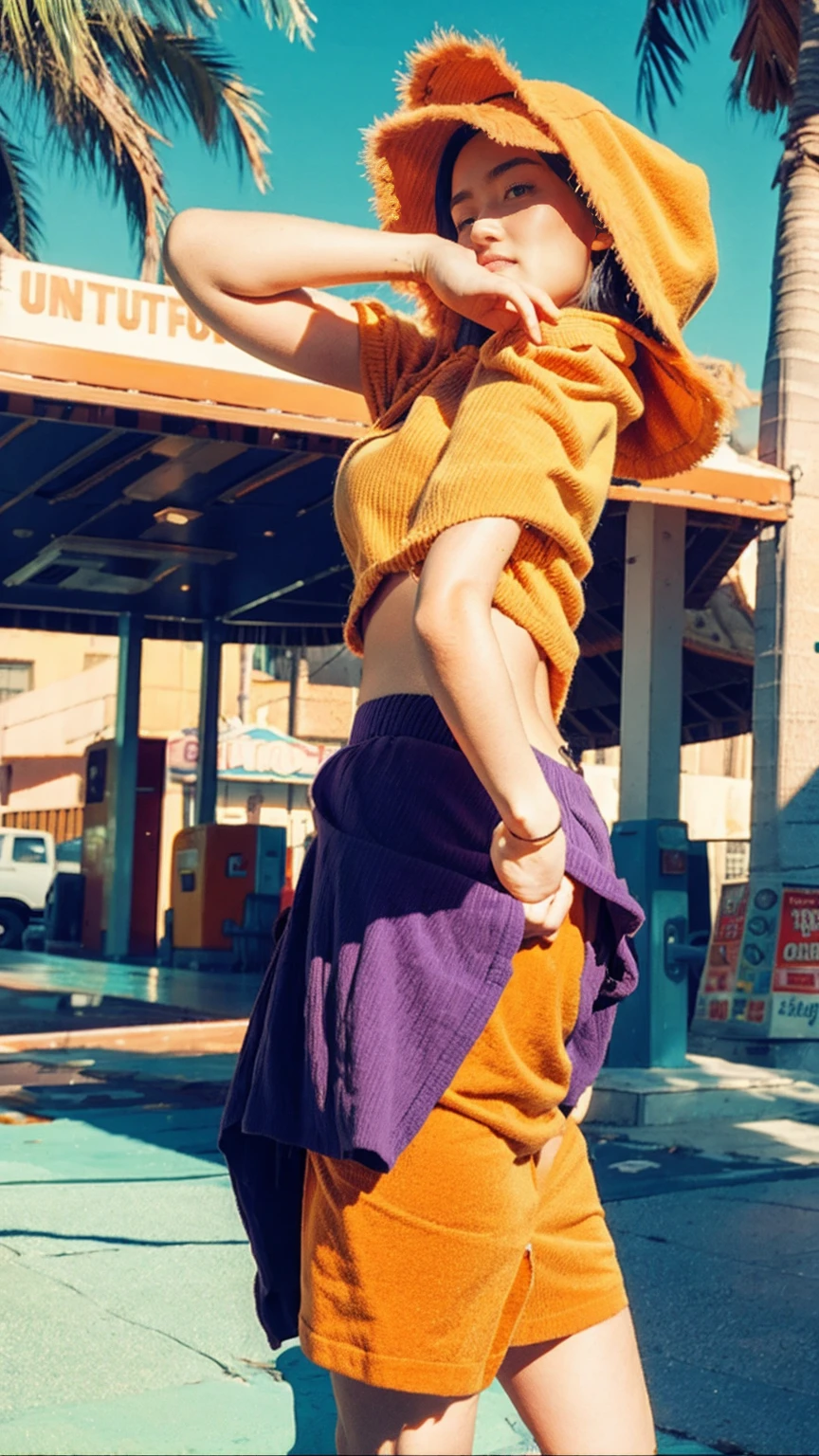 (medium cinematic shot portrait), of cute 23 yo girl (perfect plump body) ,wear ((orange color oversized_hoodie)), wear ((purple tennis skirt)),looking front,Best Quality,Masterpiece,Ultra High Resolution,(Realisticity:1.4),Original Photo, 1Girl, light leak,ultra high resolution,UHD,beautiful, (black bob hair), almond eye, no makeup, looking at camera,in front of ((80's colorful gas station)), (realistic:1.2), (surreal:1.3), (very detailed:1.1), ((masterpiece)),summer, blue sky, palm trees,sunny, los angles vibes,film camera, 800mm lens,style of Philip Lorca diCorcia