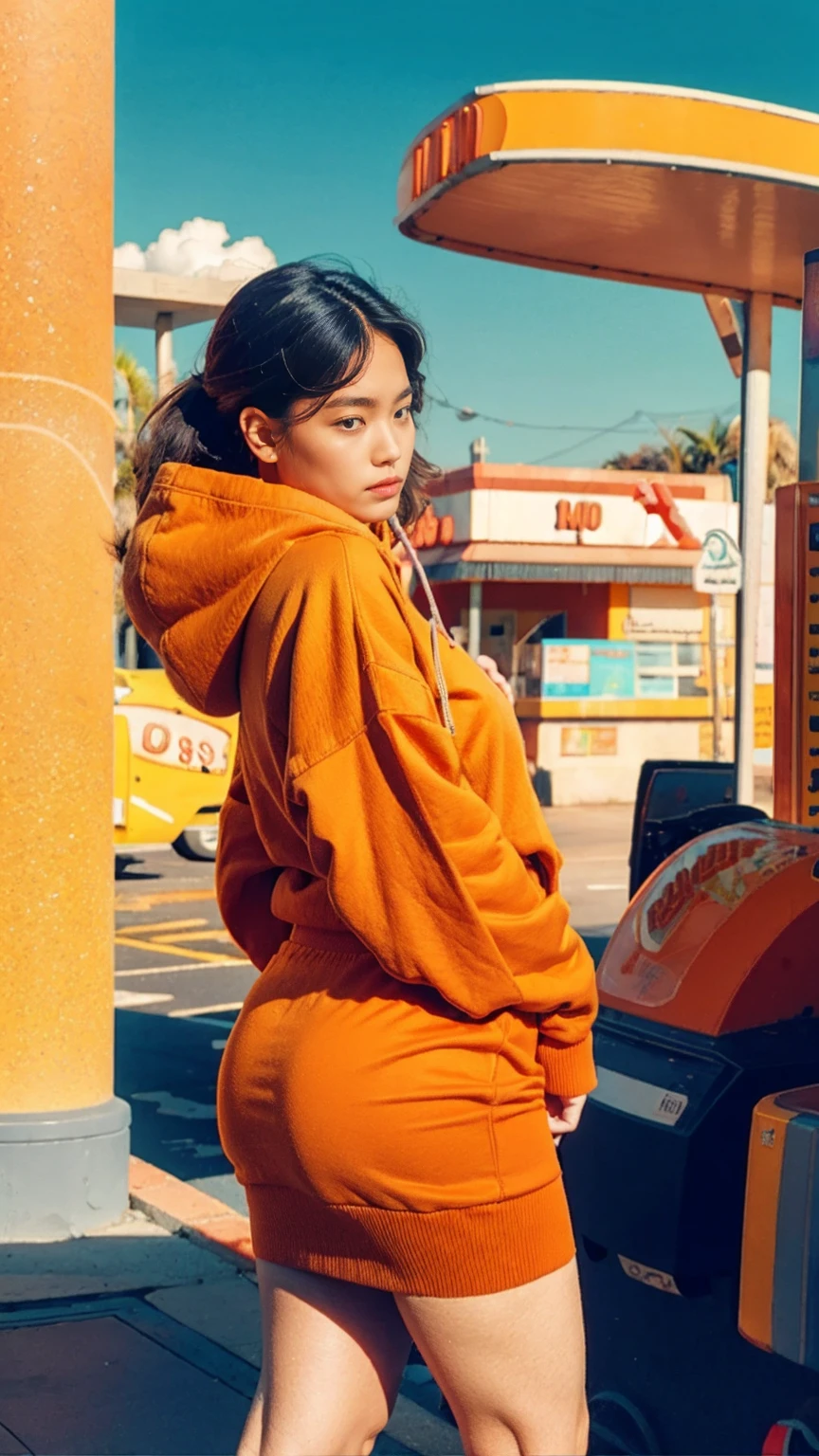 (medium cinematic shot portrait), of cute 23 yo girl (perfect plump body) ,wear ((orange color oversized_hoodie)), wear ((purple tennis skirt)),looking front,Best Quality,Masterpiece,Ultra High Resolution,(Realisticity:1.4),Original Photo, 1Girl, light leak,ultra high resolution,UHD,beautiful, (black bob hair), almond eye, no makeup, looking at camera,in front of ((80's colorful gas station)), (realistic:1.2), (surreal:1.3), (very detailed:1.1), ((masterpiece)),summer, blue sky, palm trees,sunny, los angles vibes,film camera, 800mm lens,style of Philip Lorca diCorcia