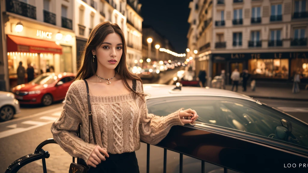 focus, E-commerce photography, The best quality at its best, official arts, cinematiclight, extra high resolution, 1个Giant Breast Girl, Mature, solo, Jewelry, black pant, long dark hair, looking a viewer, sweater, white sweater, brown hair, with brown eyes, Background (Paris street France, cafes, night lights), jacket, Black pants, Sleeve above the wrist, high-neck sweater, Longer sleeves, pie, Jake, purse, lo fashion, Louis Vuitton, Channel, gucci, Prada, Valentine, looking at the viewer, Masterpiece, 8k