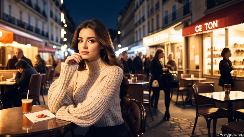 focus, E-commerce photography, The best quality at its best, official arts, cinematiclight, extra high resolution, 1个Giant Breast Girl, Mature, solo, Jewelry, black pant, long dark hair, looking a viewer, sweater, white sweater, brown hair, with brown eyes, Background (Paris street France, cafes, night lights), jacket, Black pants, Sleeve above the wrist, high-neck sweater, Longer sleeves, pie, Jake, purse, lo fashion, Louis Vuitton, Channel, gucci, Prada, Valentine, looking at the viewer, Masterpiece, 8k