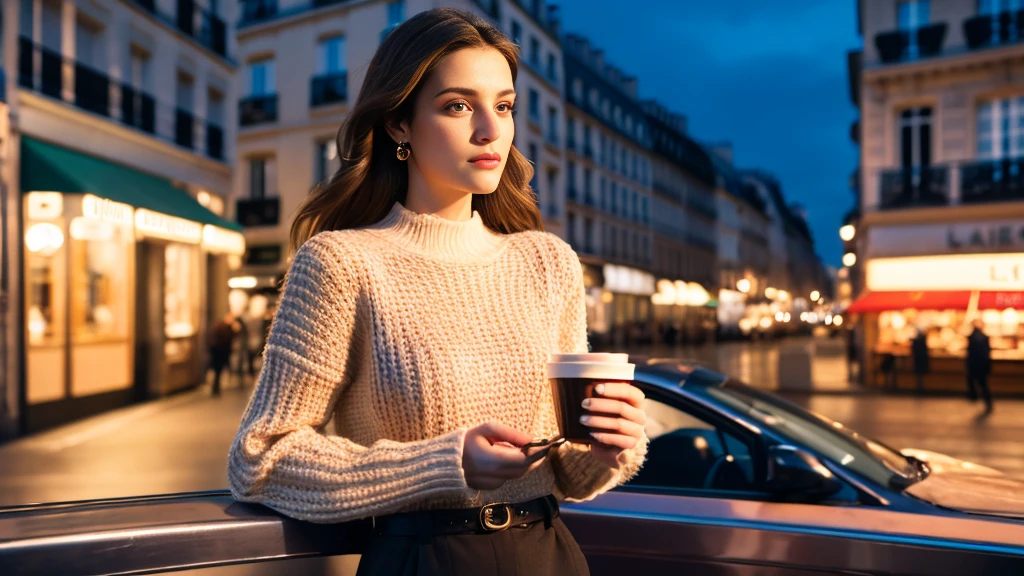 focus, E-commerce photography, The best quality at its best, official arts, cinematiclight, extra high resolution, 1个Giant Breast Girl, Mature, solo, Jewelry, black pant, long dark hair, looking a viewer, sweater, white sweater, brown hair, with brown eyes, Background (Paris street France, cafes, night lights), jacket, Black pants, Sleeve above the wrist, high-neck sweater, Longer sleeves, pie, Jake, purse, lo fashion, Louis Vuitton, Channel, gucci, Prada, Valentine, looking at the viewer, Masterpiece, 8k