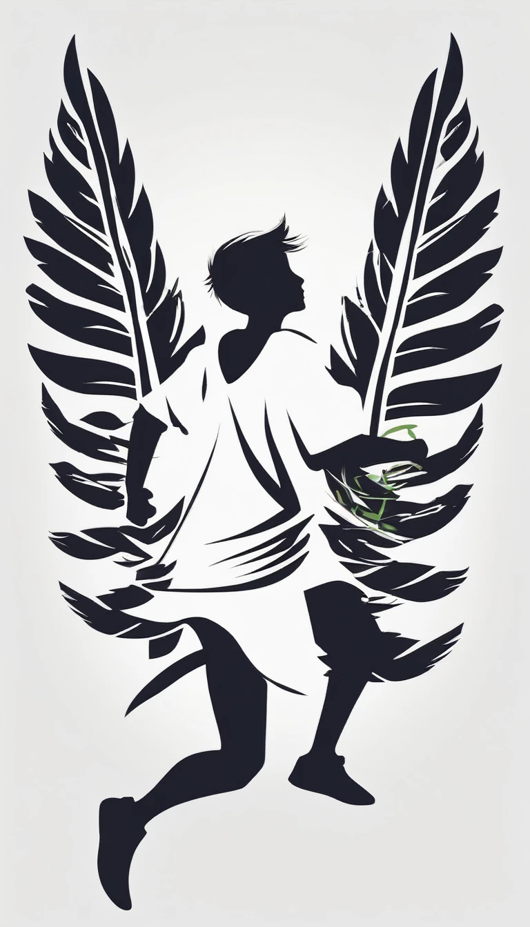 Create a white, minimalist, logo design of a boy running with two giant feathers in his hand. The logo should convey a companionship between a  and a fantasy bird. Logo design impressed on a white shirt