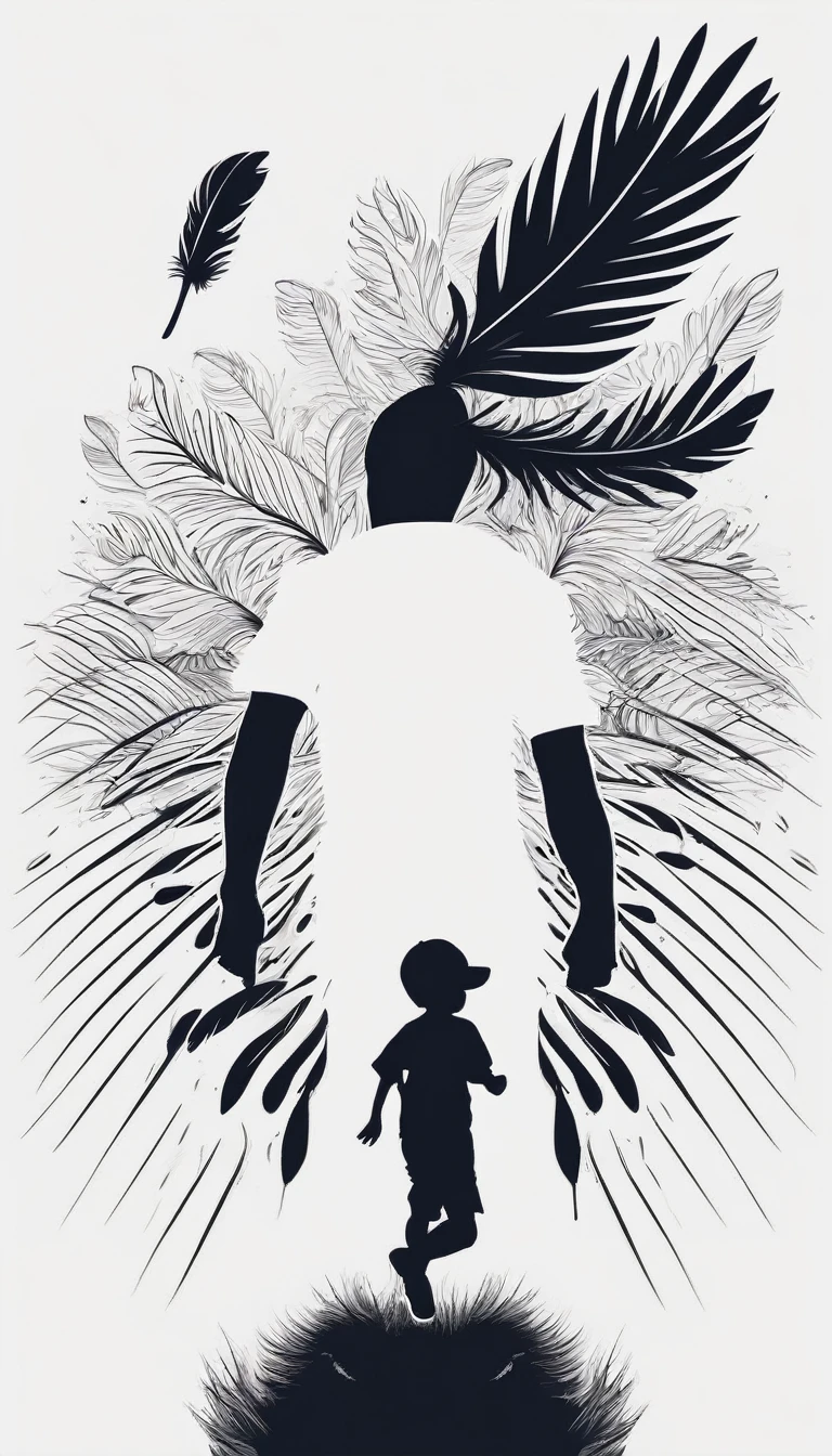 Create a white, minimalist, logo design of a boy running with two giant feathers in his hand. The logo should convey a companionship between a  and a fantasy bird. Logo design impressed on a white shirt