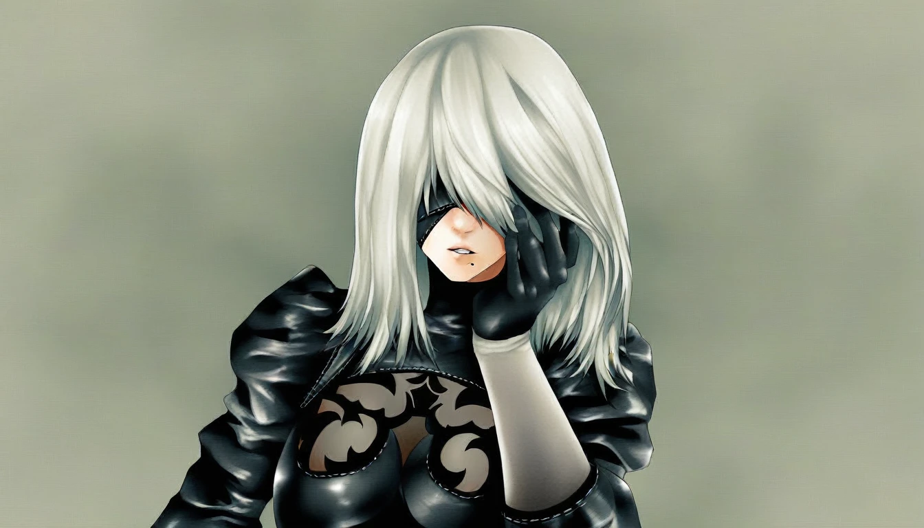 (masterpiece, best quality)), ((((perfect anatomy)))), Caucasian android woman with short silver hair, ((elaborate black dress)) (((white high cut leotard))), big butt, black eye-band, white and black gloves, digital black pattern background, (((Western cartoon style)))