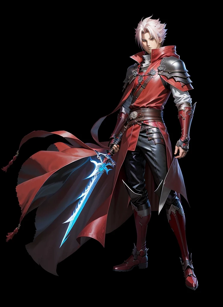 Wearing a red cloak、Anime character holding a sword, ( ( Character Concept Art ) ), Official Character Art, JRPG characters art, Bad guy anime 8k, JRPG characters, RPG portrait full body, male anime character, main character, Full body RPG portrait, Jett from Valorant, guilty gear art style, Masamune Shirow, Trigger anime art style