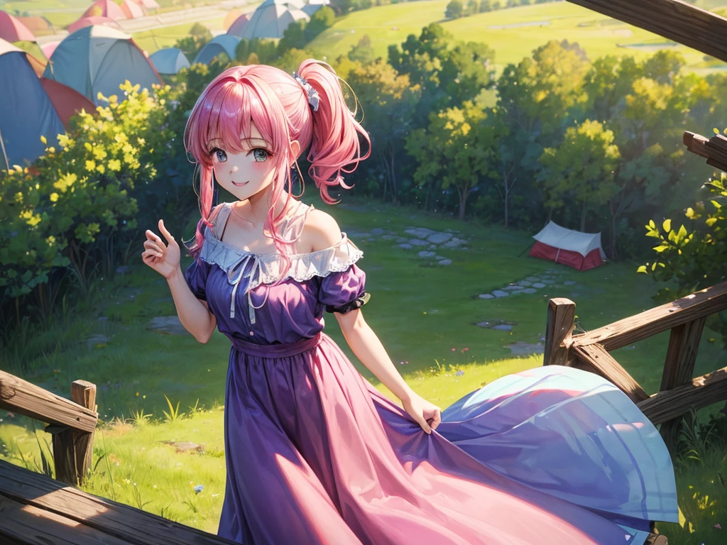 ((masterpiece、Highest quality、High resolution))、Pink Hair、Side ponytail hair、Chiffon skirt、Long skirt、camp、grassland、tent、blue sky、Off-the-shoulder shirt、Checkered clothing、university student、smile、Cowboy Shot