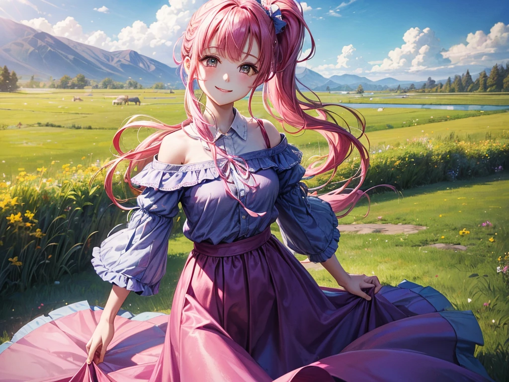 ((masterpiece、Highest quality、High resolution))、Pink Hair、Side ponytail hair、Chiffon skirt、Long skirt、camp、grassland、tent、blue sky、Off-the-shoulder shirt、Checkered clothing、university student、smile、Cowboy Shot
