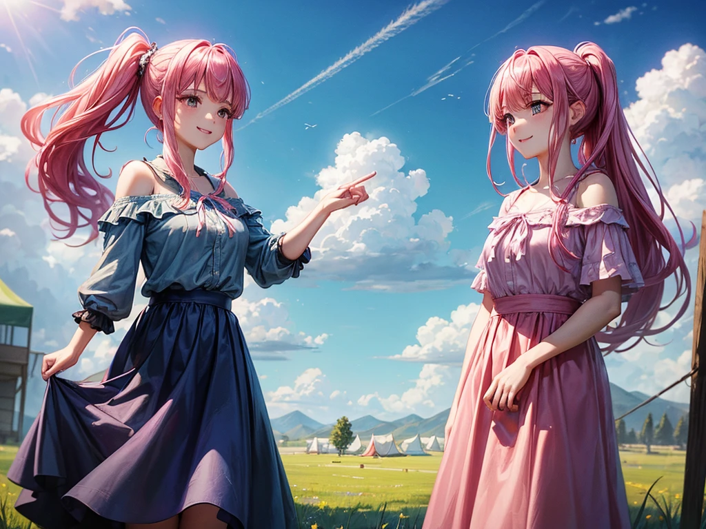 ((masterpiece、Highest quality、High resolution))、Pink Hair、Side ponytail hair、Chiffon skirt、Long skirt、camp、grassland、tent、blue sky、Off-the-shoulder shirt、Checkered clothing、university student、smile、Cowboy Shot