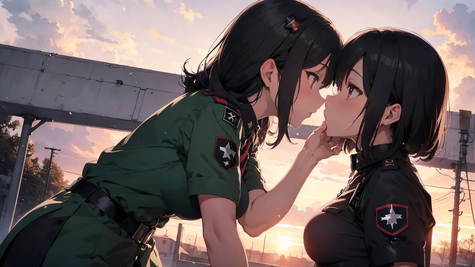  Gestapo uniform, female lesbian  kawaii sisters kissing passionately with T-54 military tank. wearing Luftwaffe uniforms. 8k. masterpiece. best quality. best artwork. lingerie. Swastika insignia red armband. bare breasts. sunset. snowing