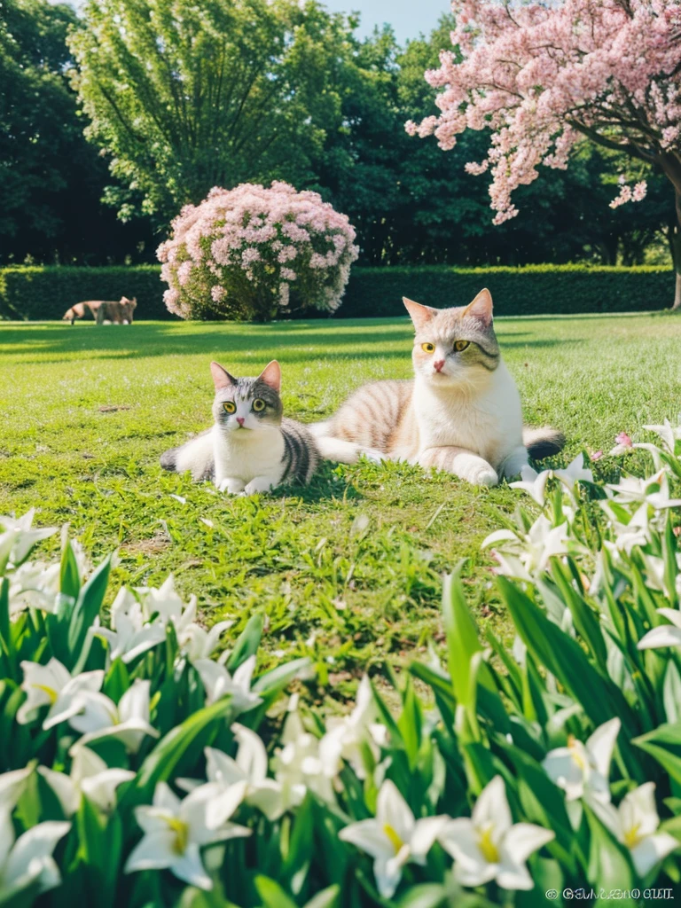 a cat sitting in the grass with another cat, two peaceful cats sleeping close together, surrounded by blooming hyacinths, lilies and daffodils, cats with flowers on their cheeks, cute and wholesome spring scene, (best quality,4k,8k,highres,masterpiece:1.2),ultra-detailed,(realistic,photorealistic,photo-realistic:1.37),beautifully detailed cats, extremely detailed eyes and face,longeyelashes,detailed fur textures,natural lighting,vibrant colors,serene landscape,lush greenery,field of flowers