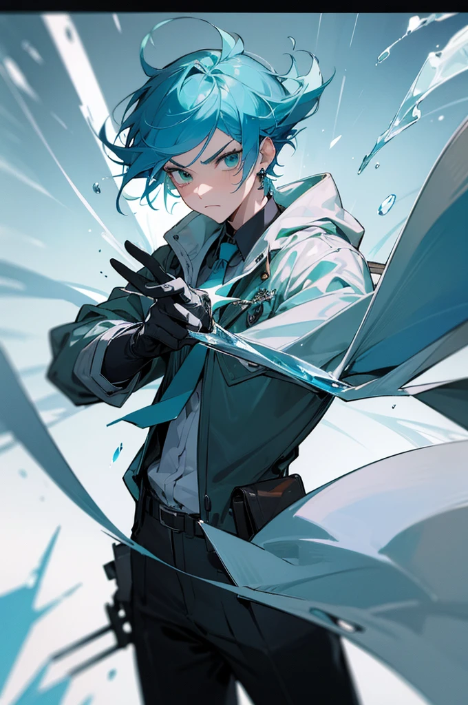 (masterpiece, best quality, highres, ultra detailed:1.2), (solo, 1boy, cowboy shot), korimiku, blue hair, green eyes, blue eyelashes, gloves, earrings, jacket, tie, bag, BREAK, frown, serious expression, (dynamic pose, ice, cold, winter), metal bars floating aaround them