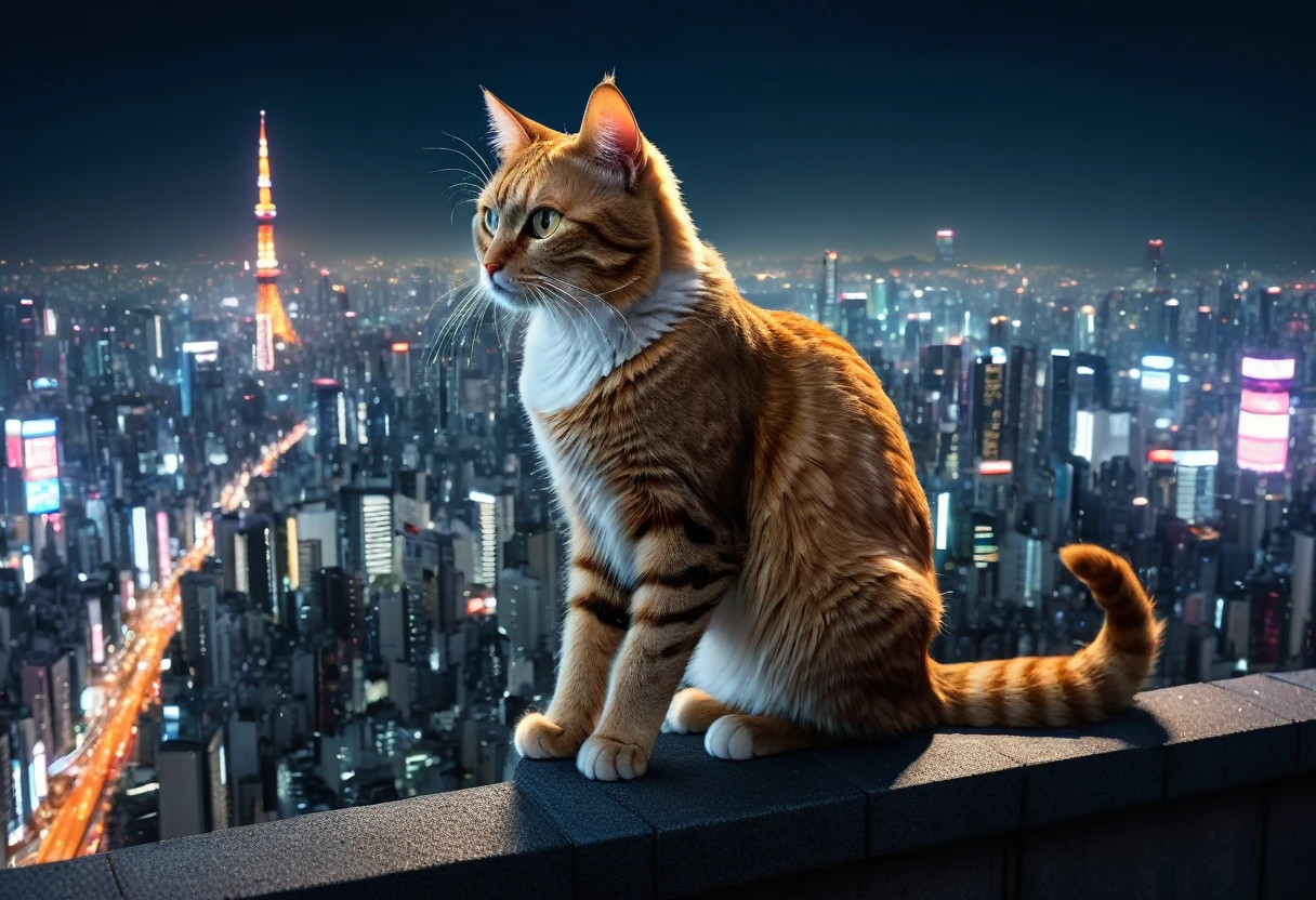 ((Masterpiece, top quality, high resolution)), ((highly detailed CG unified 8K wallpaper)), arafed cat sitting on a ledge above a city at night, cat attacking tokyo, perched on a skyscraper, cyberpunk cat, planet of the cats, giant cat monster, with a city in the background, city in the background, towering over a city, acrophobia, bird's eye view, neko, very very surreal, bird eye view,