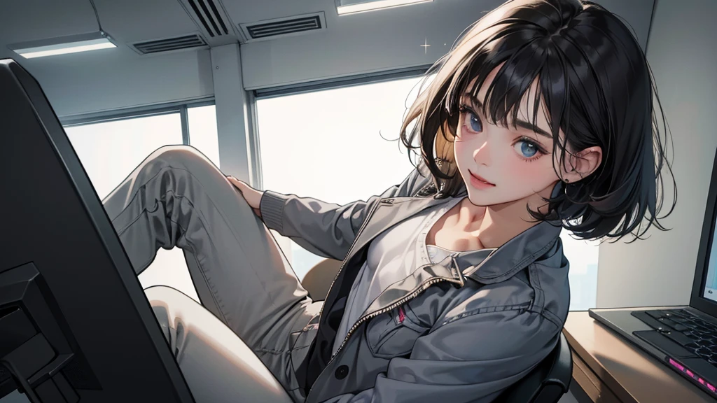 (perfect anatomy:1.2)(absurdres, highres, ultra detailed),masterpiece,best quality,high resolution,8k,Realistic face,Realistic skin texture,magnified textures, stunning clarity,detailed anime girl,(ultra detailed eyes and face),(1 girl:1.7)21years old,she is office worker,smile:1.3,black hair, bob cut,natural make,grey jacket,grey pants,black brouse,,sparkling eyes.small nose,roundface,She sits at her desk, she works a tremendous amount of overtime,No one in the office,midnight,Electricity in the office is almost gone,She works hard