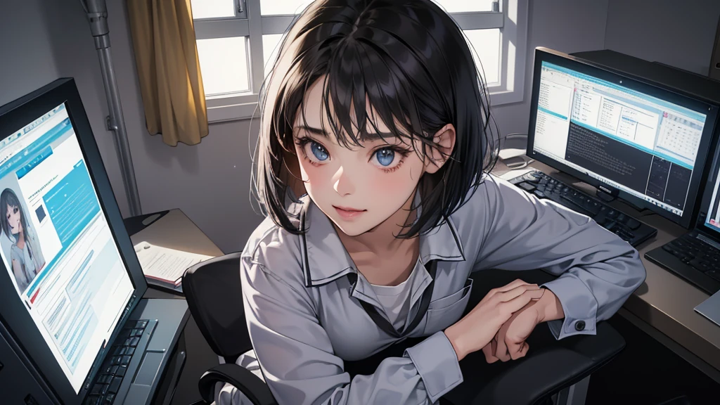 (perfect anatomy:1.2)(absurdres, highres, ultra detailed),masterpiece,best quality,high resolution,8k,Realistic face,Realistic skin texture,magnified textures, stunning clarity,detailed anime girl,(ultra detailed eyes and face),(1 girl:1.7)21years old,she is office worker,smile:1.3,black hair, bob cut,natural make,grey jacket,grey pants,black brouse,,sparkling eyes.small nose,roundface,She sits at her desk, she works a tremendous amount of overtime,No one in the office,midnight,Electricity in the office is almost gone,She works hard