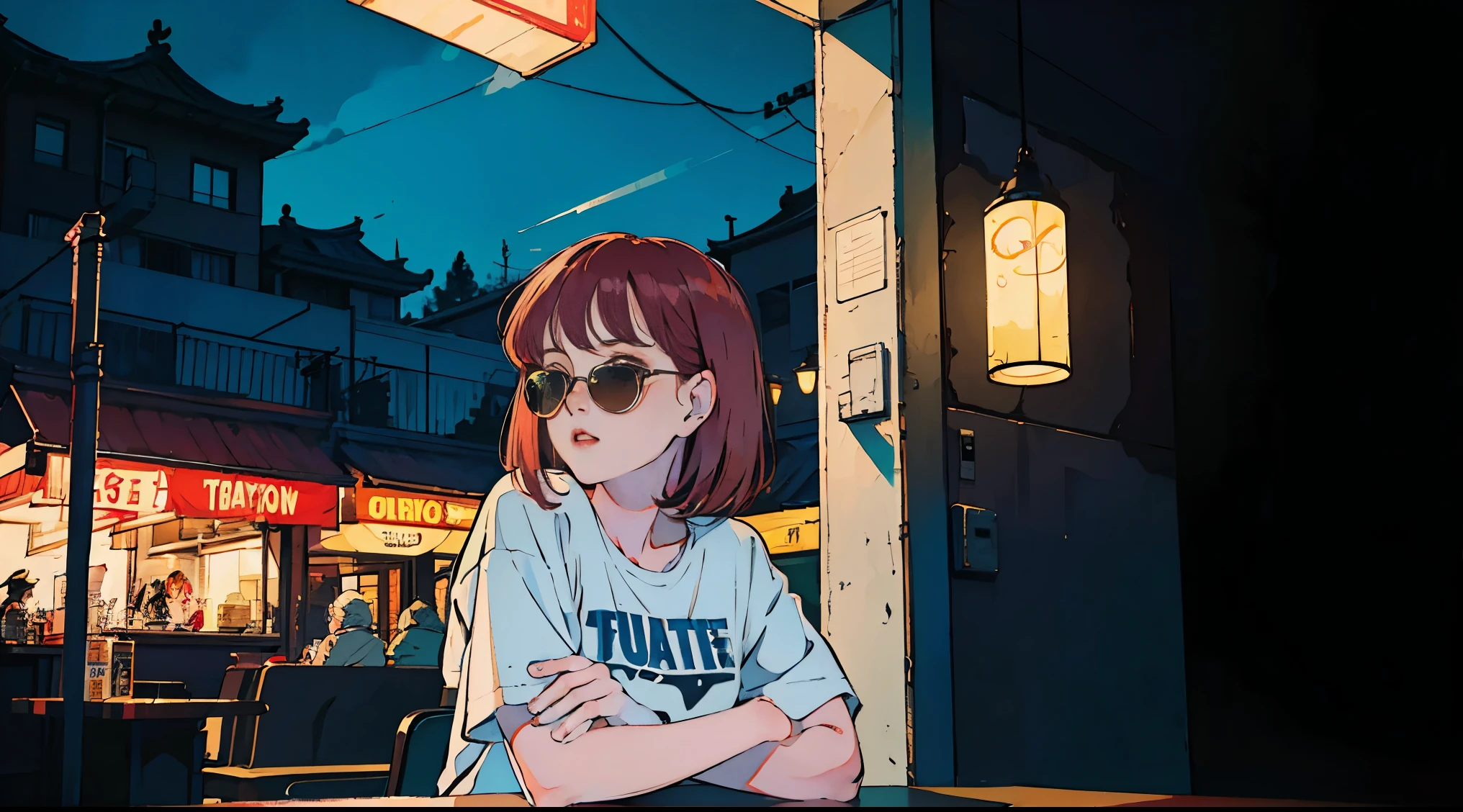 Beautiful redhead Asian girl sitting in a diner at night, Visible from the window, Perfect Face, sunglasses, Smoking white Taylormade cigarettes, Neon Black, (Backlit: 1.1), Hard Shadows, masterpiece, Highest quality, Complex, Model shooting style, Vintage, Film Grain, Incomplete details,backtothefuture